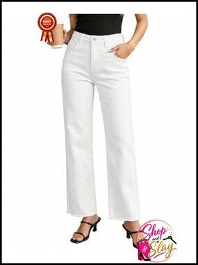 High Waisted Straight Leg Stretchy Frayed Raw Hem Loose Denim Jeans